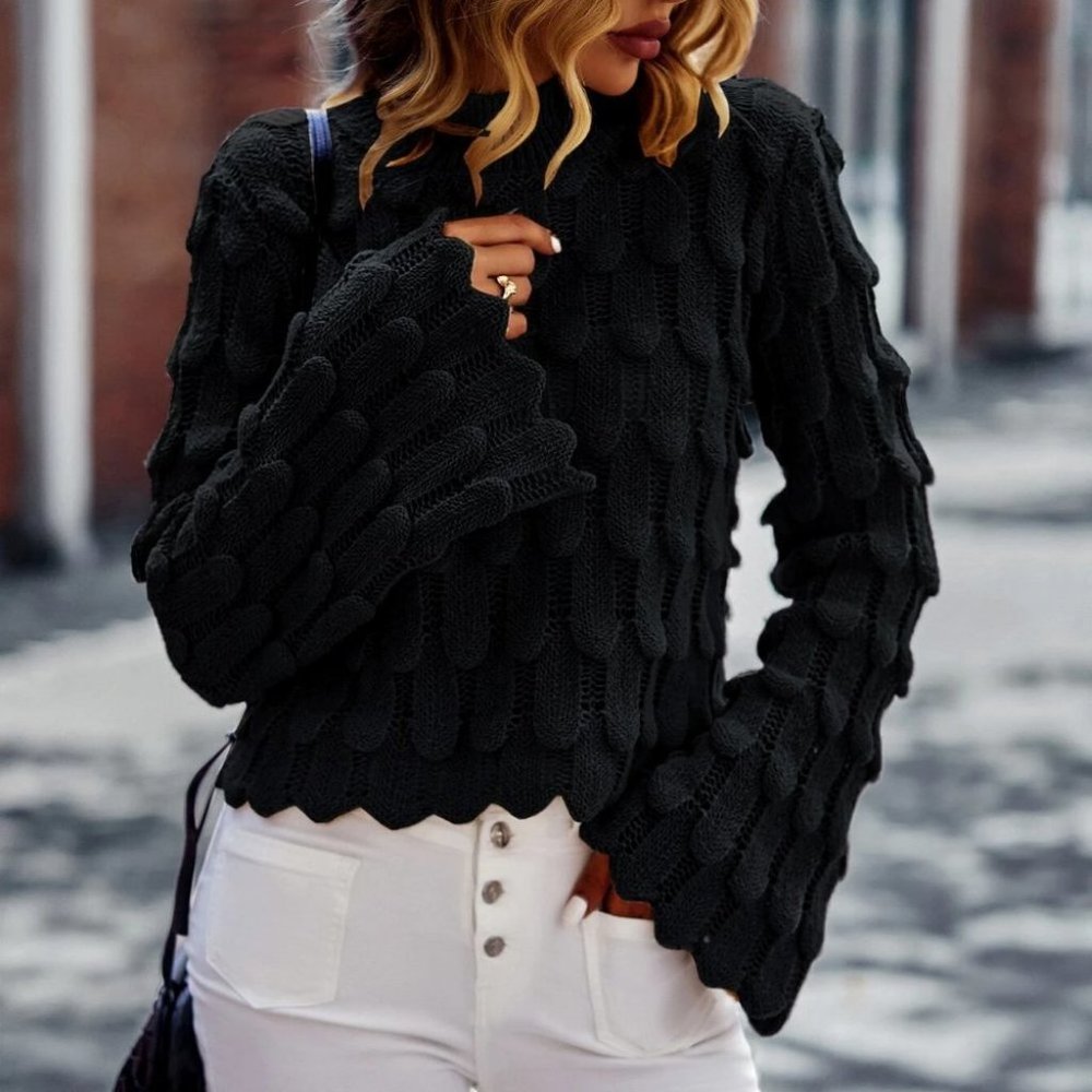 Preppy Womens Mock Neck Trumpet Sleeve Textured Knit Sweater grayish black - Picture 5 of 5